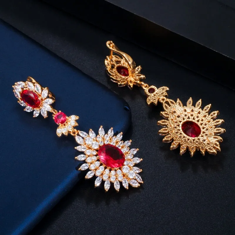 Gold Red Cubic Zirconia Vintage Long Drop Earrings