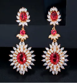 Gold Red Cubic Zirconia Vintage Long Drop Earrings