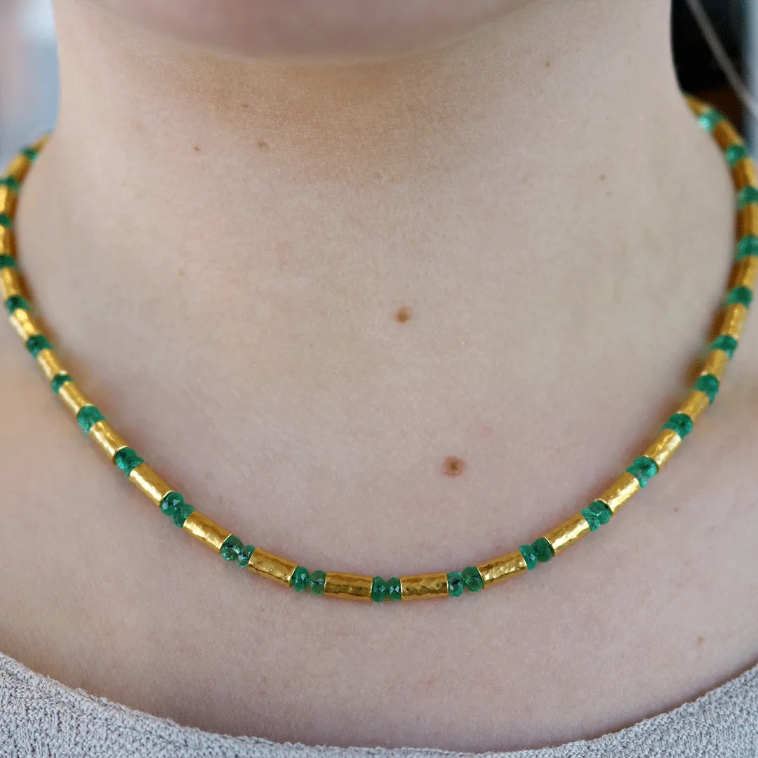 Gold Tube & Emerald Bead Necklace