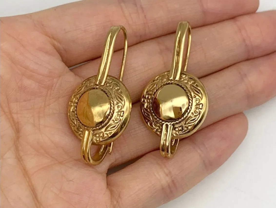 Gold Vintage Earrings - Drop Button Earrings, Gold Ancient Earrings