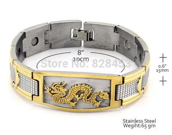 Golden Chinese Power Dragon Strong Magnetic Energy Stainless Steel Bracelet