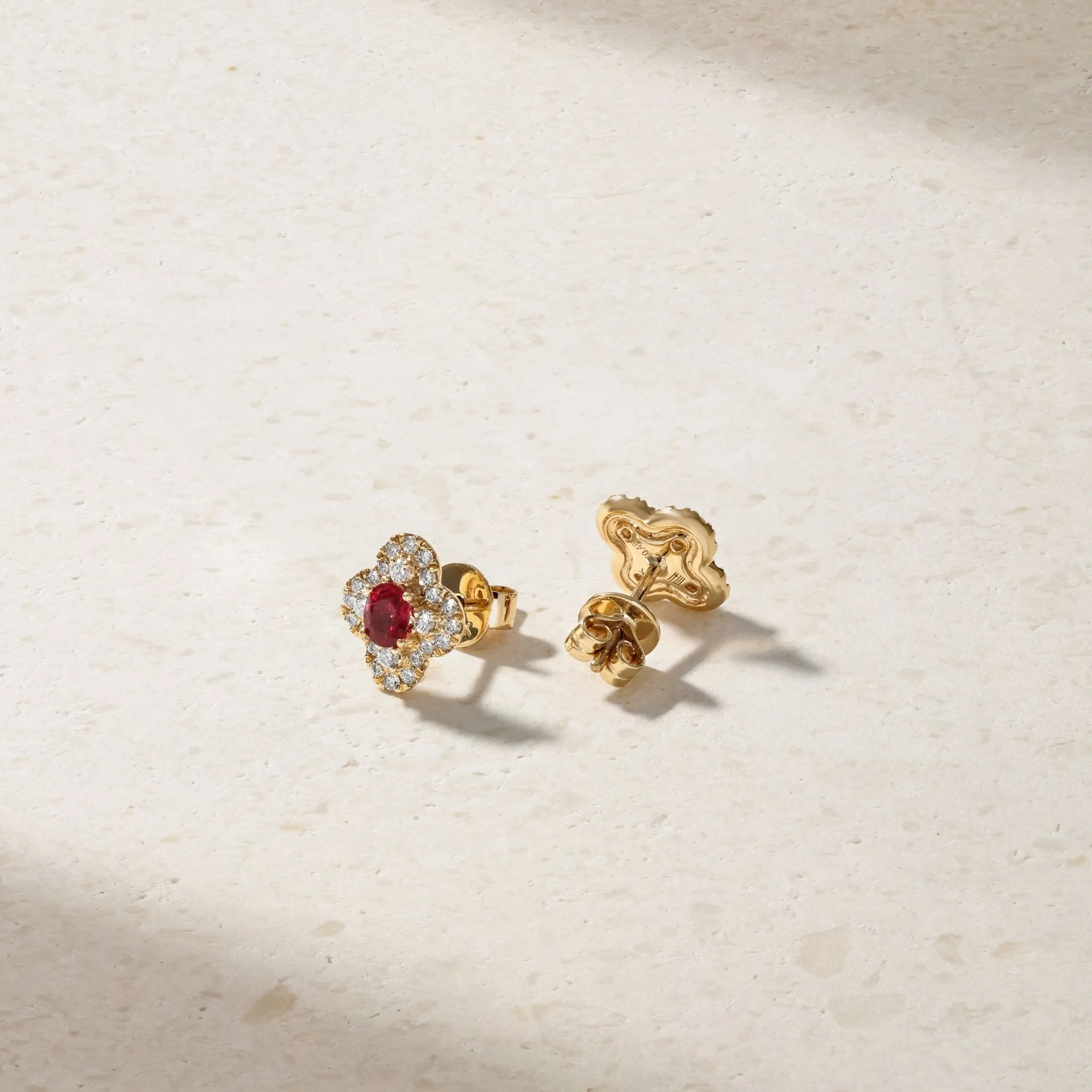 Half Moon Clover Ruby and Diamond Stud Earrings