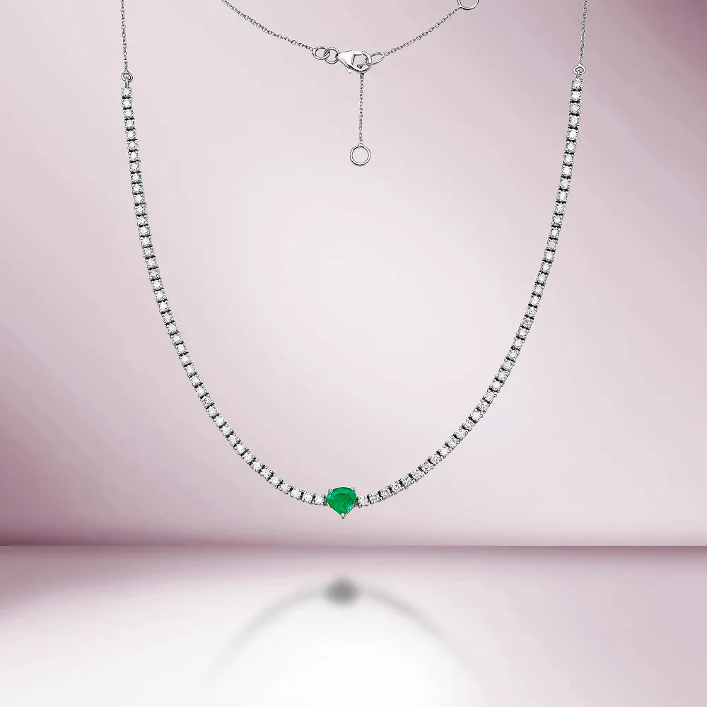 HalfWay Diamond Tennis Necklace With Heart Shape Emerald & Half Chain (3.36 ct.) 4-Prongs Setting in 14K Gold