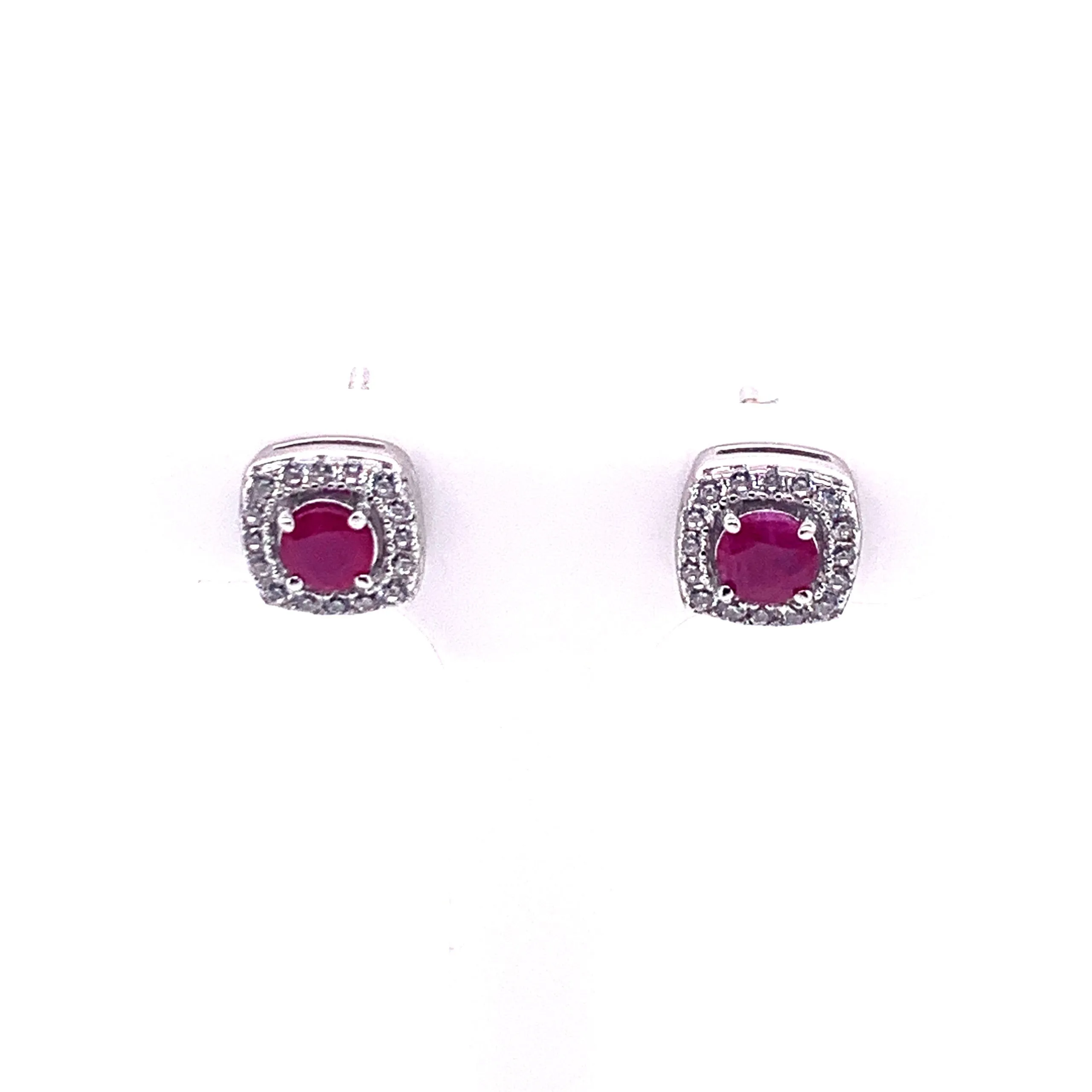 Halo Set Ruby Square Sterling Silver Stud Earrings