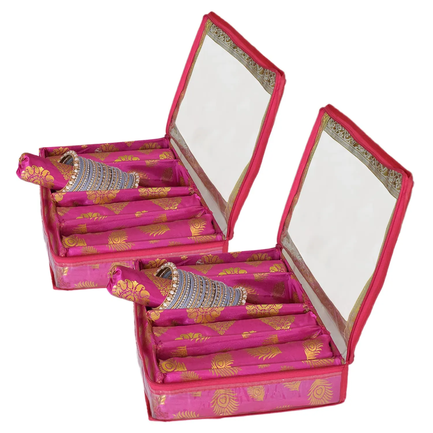 Heart Home Feather Design Laminated 6 Rod Box, Organizer For Bangle, Watches, Bracelets, Jewellery With Tranasparent Top - Pack of 2 (Pink)-47HH0240