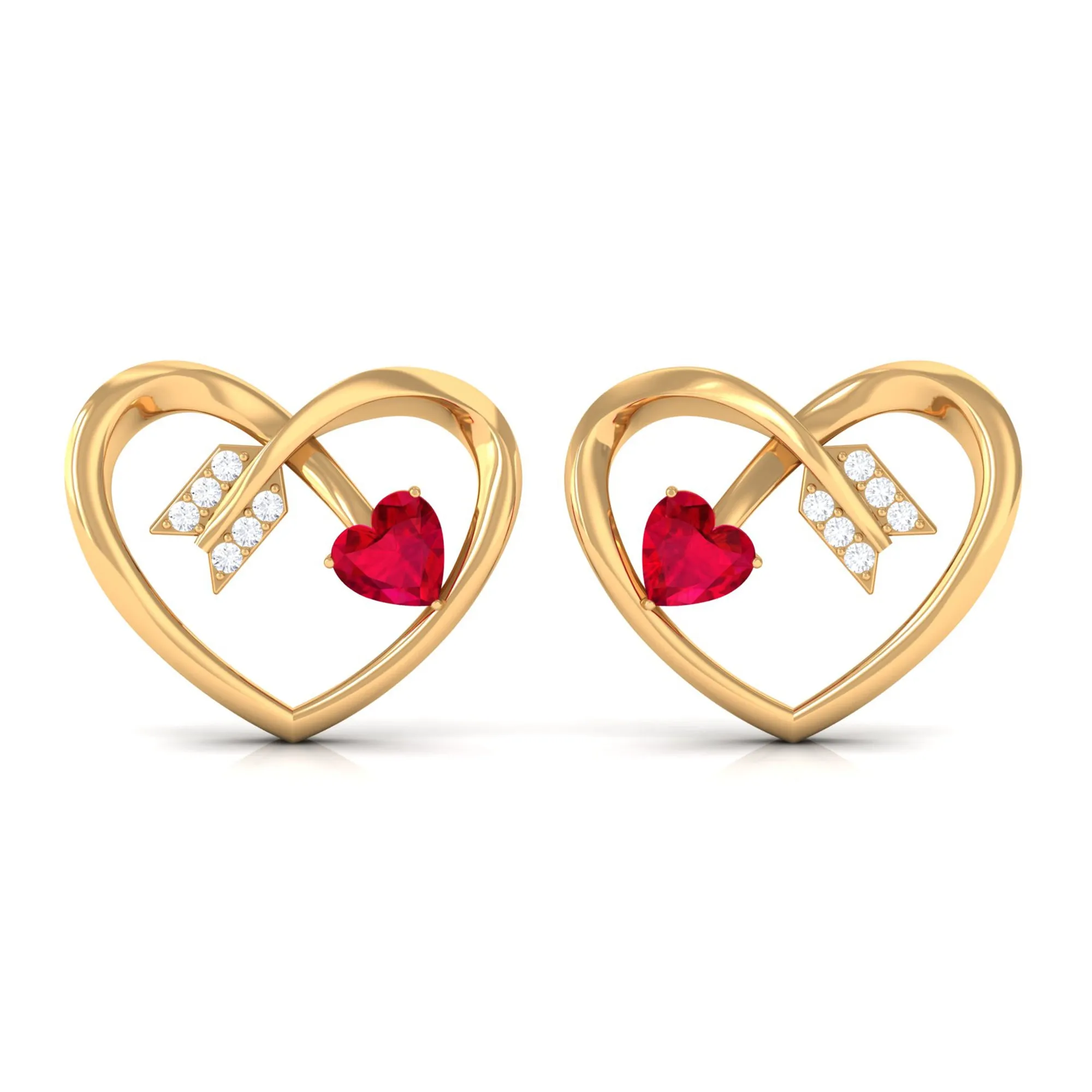 Heart Stud Earrings with Lab Created Ruby and Diamond