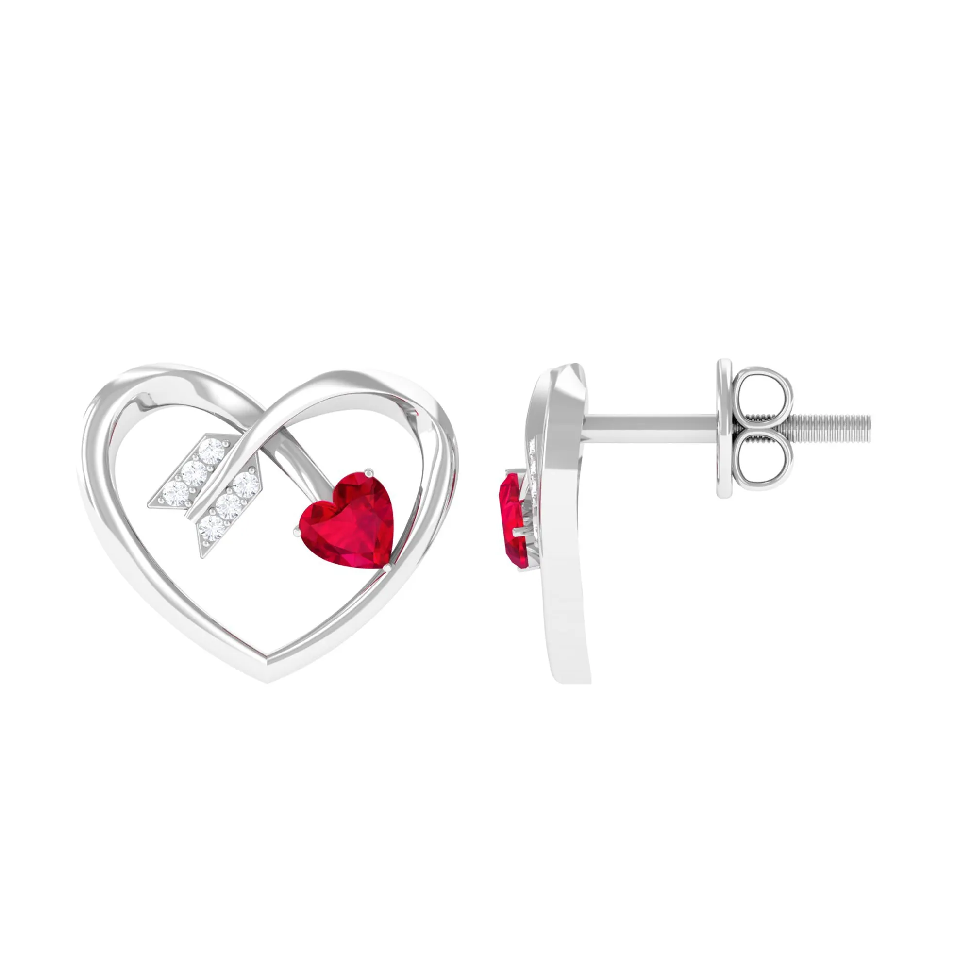 Heart Stud Earrings with Lab Created Ruby and Diamond