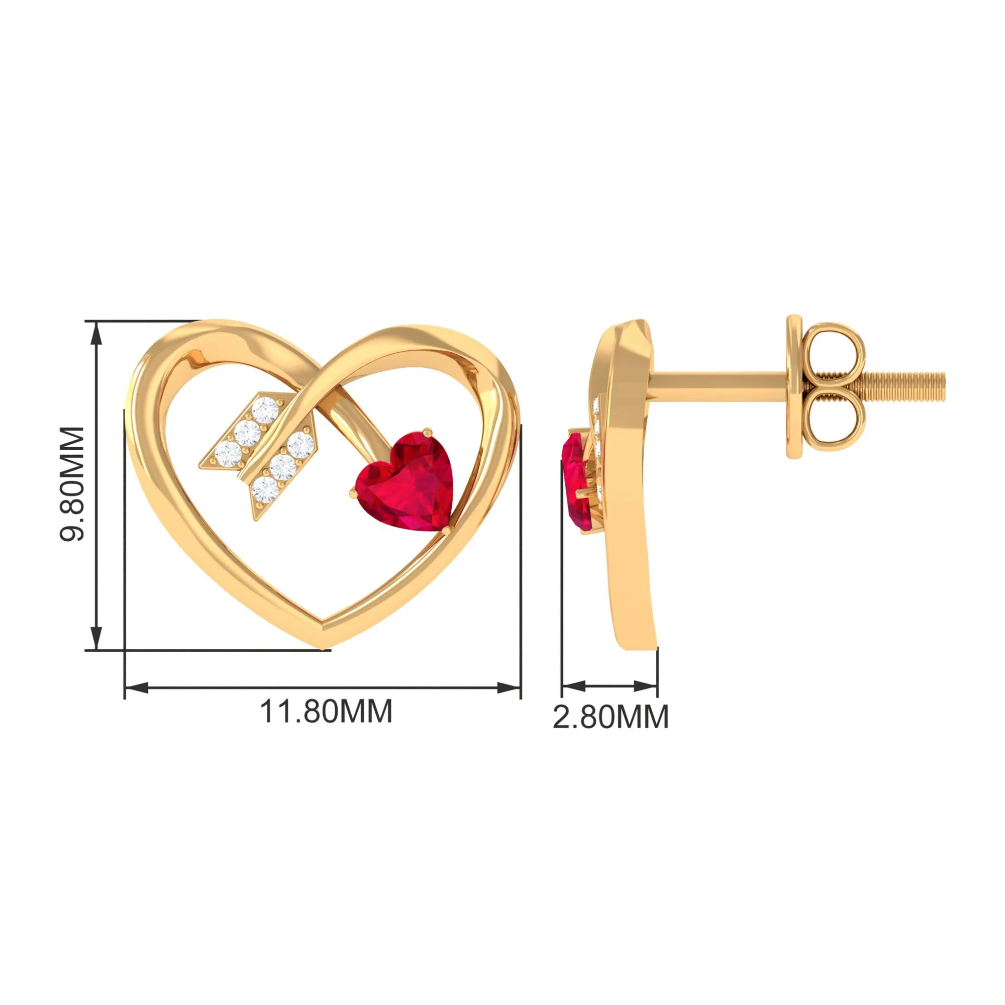 Heart Stud Earrings with Lab Created Ruby and Diamond