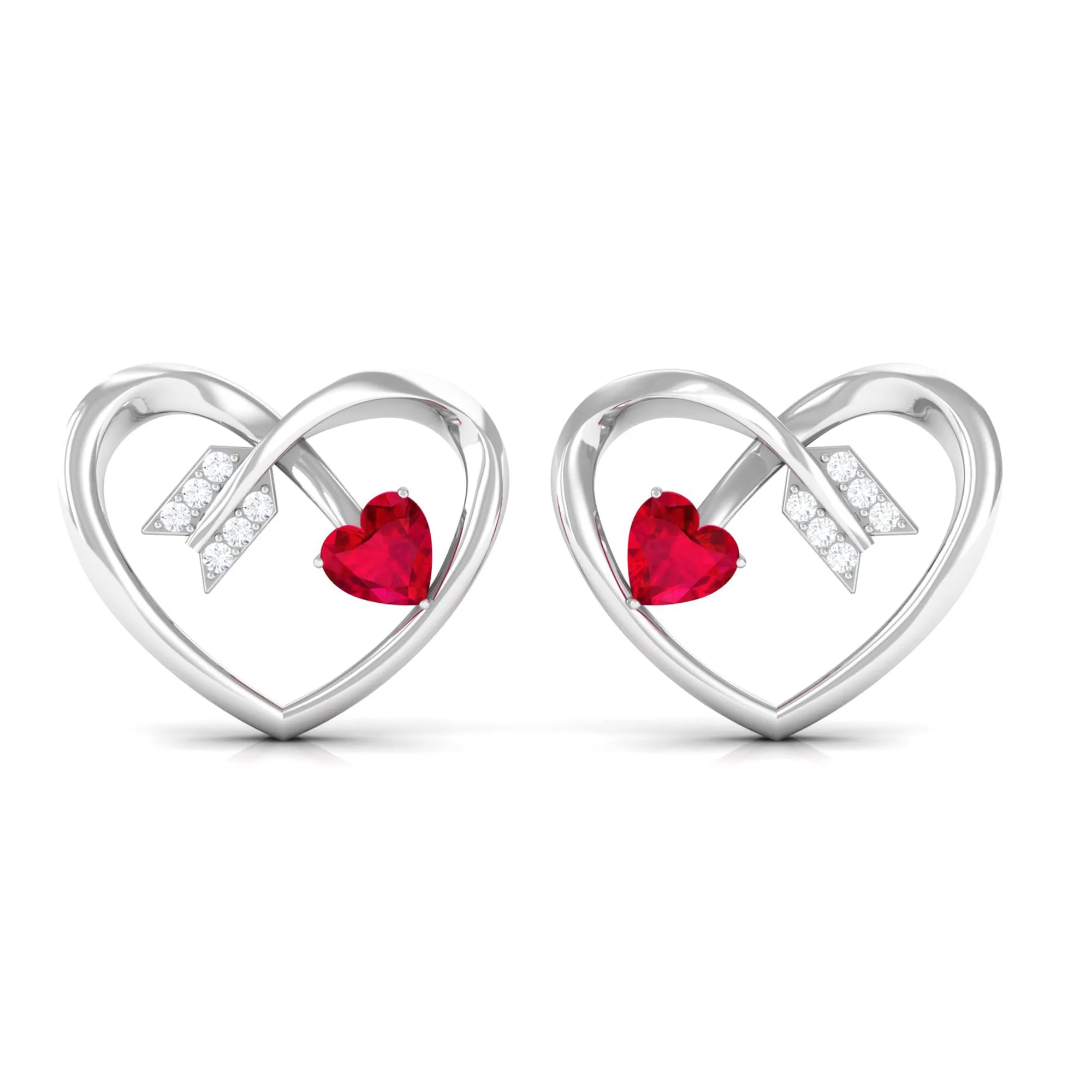 Heart Stud Earrings with Lab Created Ruby and Diamond