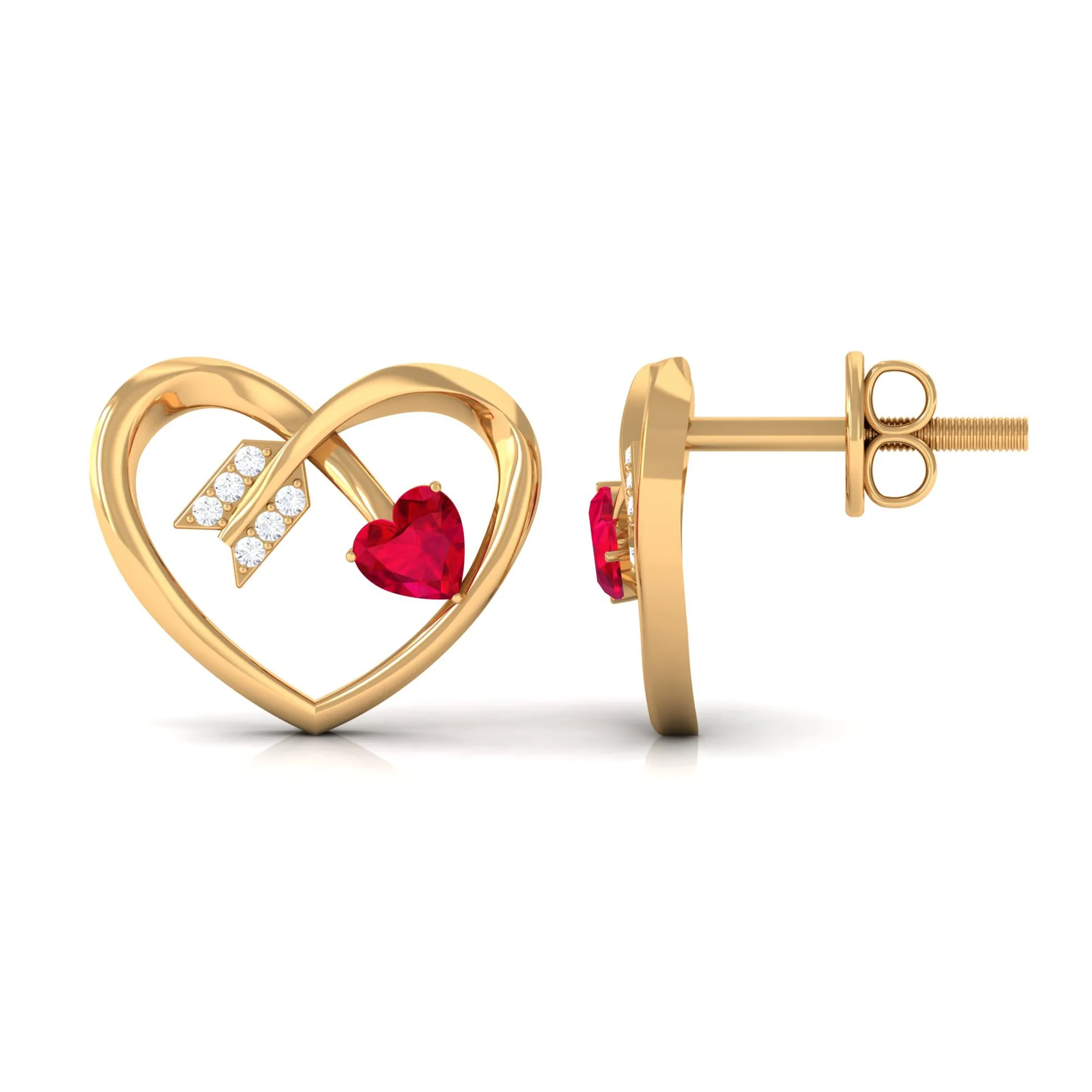 Heart Stud Earrings with Lab Created Ruby and Diamond