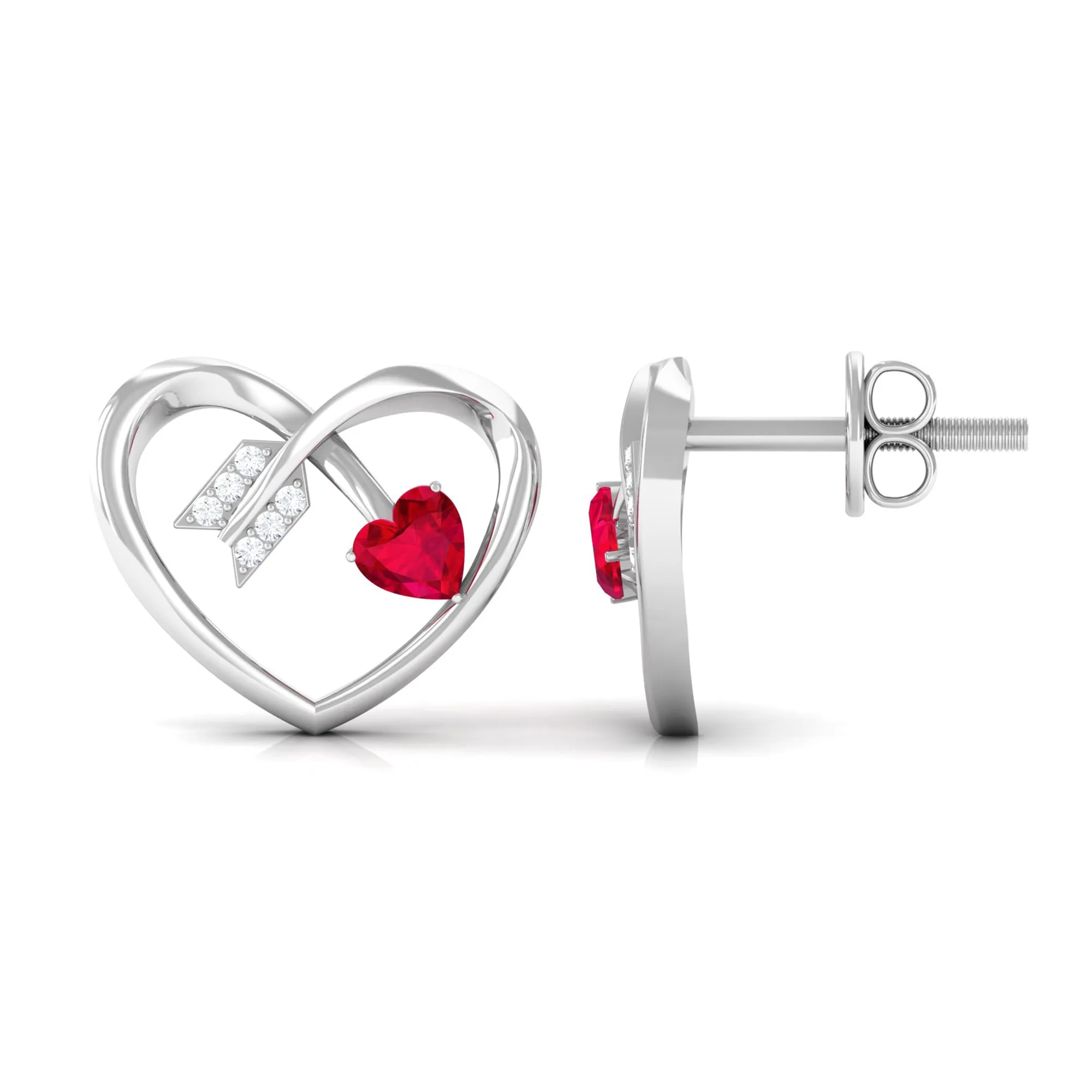 Heart Stud Earrings with Lab Created Ruby and Diamond