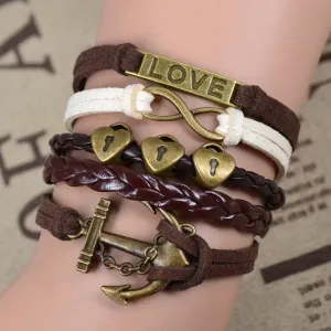 Hot Sale Women Vintage Anchors Rudder Rectangle Cross Leather Bracelet Multilayer Bracelets Hunger Games Charm Bracelet