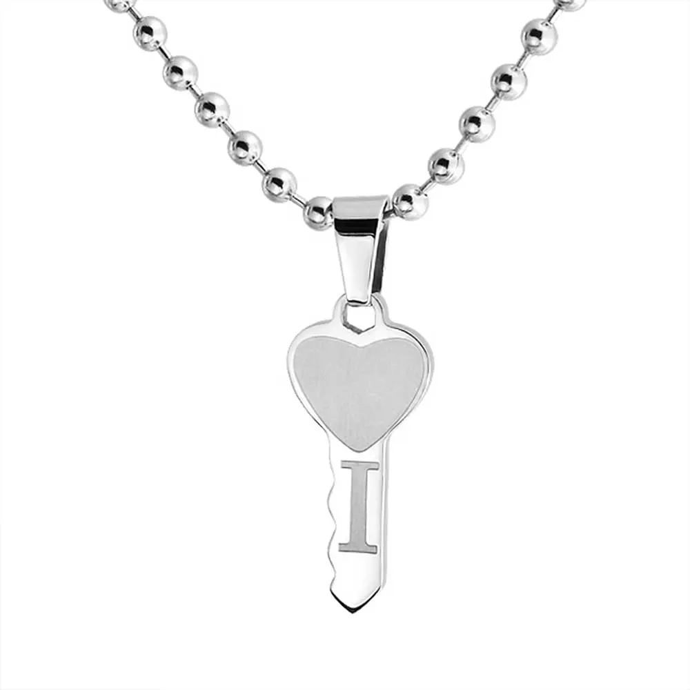 I Love You Puzzle Heart Key Pendant Necklace for Couples Stainless Steel