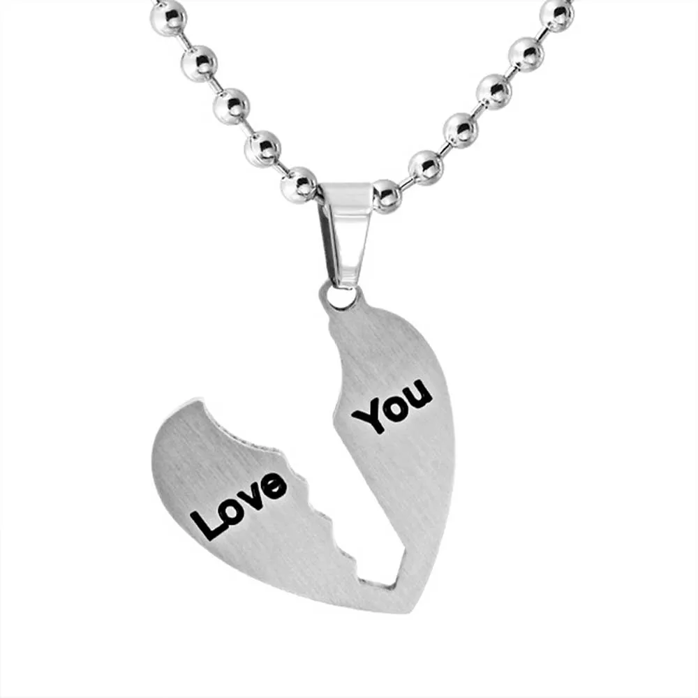 I Love You Puzzle Heart Key Pendant Necklace for Couples Stainless Steel