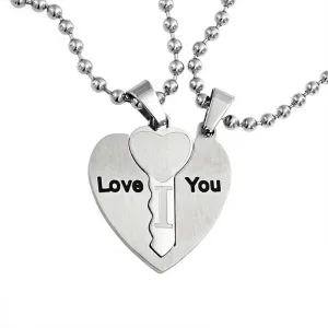 I Love You Puzzle Heart Key Pendant Necklace for Couples Stainless Steel