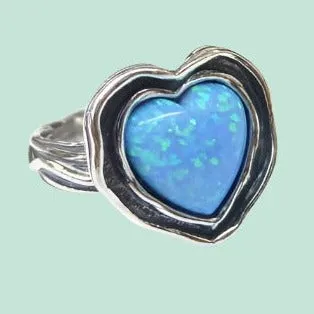 Israel jewelry Sterling Silver 925 Ring Blue Opal Heart Love Jewelry