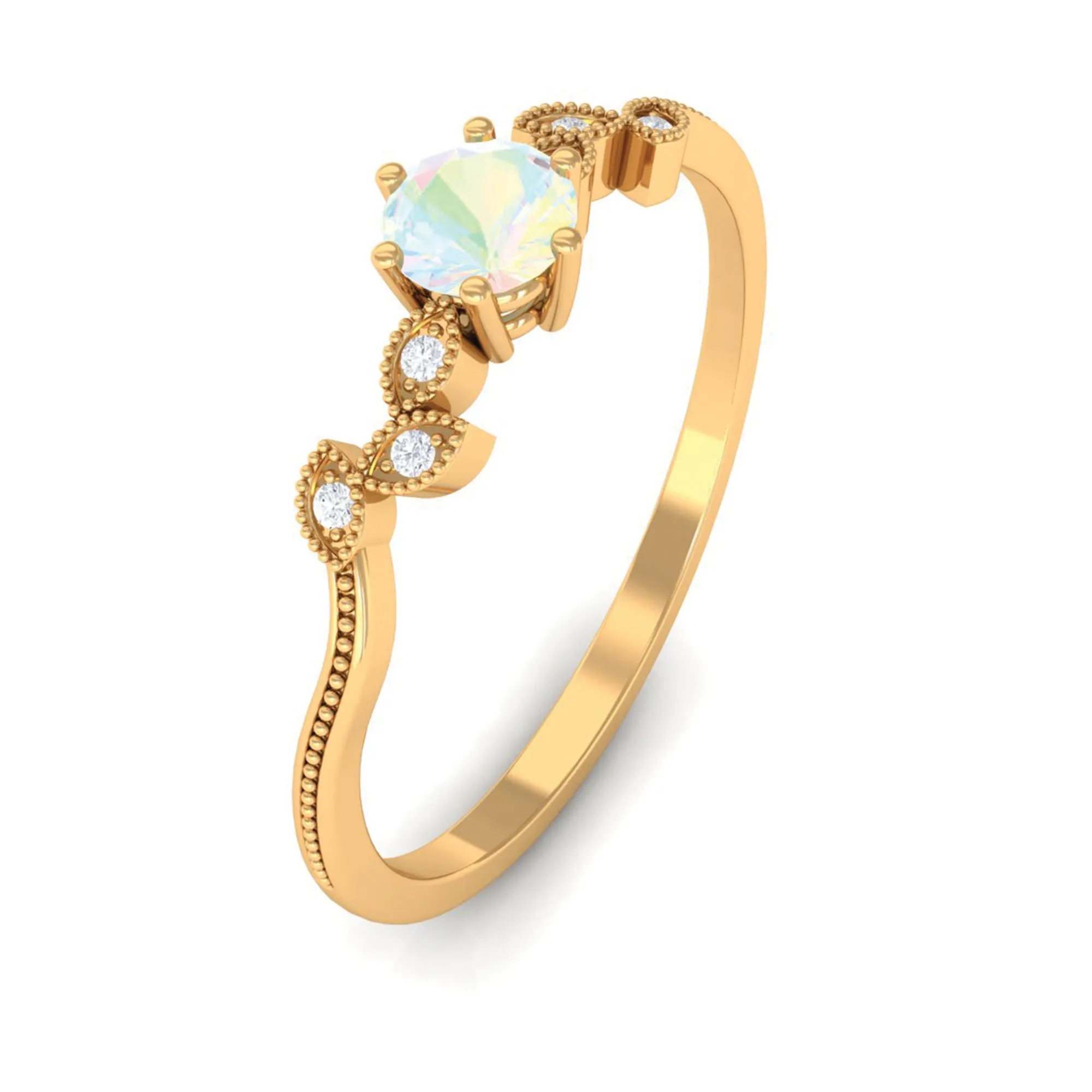 Leaf Inspired Ethiopian Opal Solitaire Promise Ring with Beaded Details