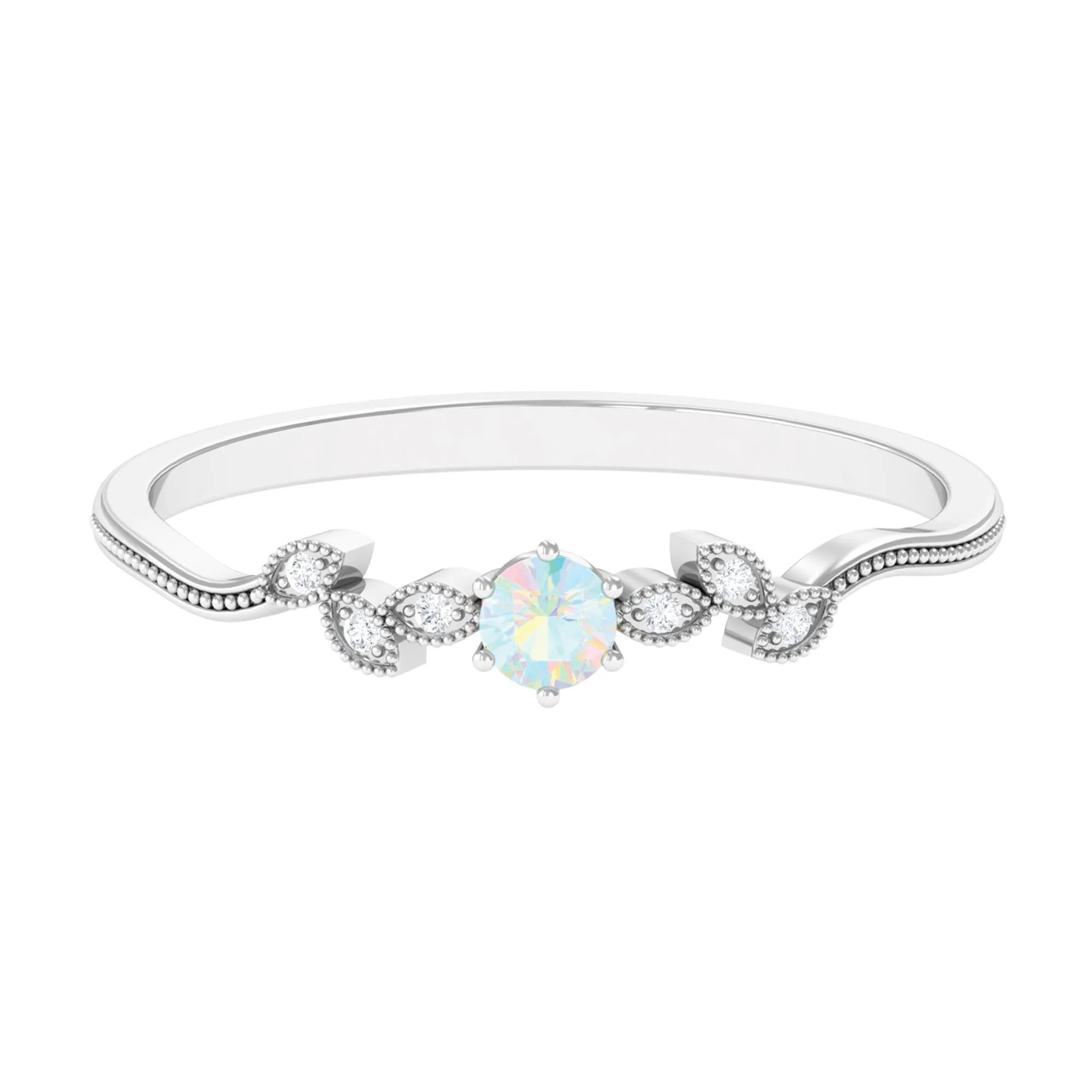 Leaf Inspired Ethiopian Opal Solitaire Promise Ring with Beaded Details