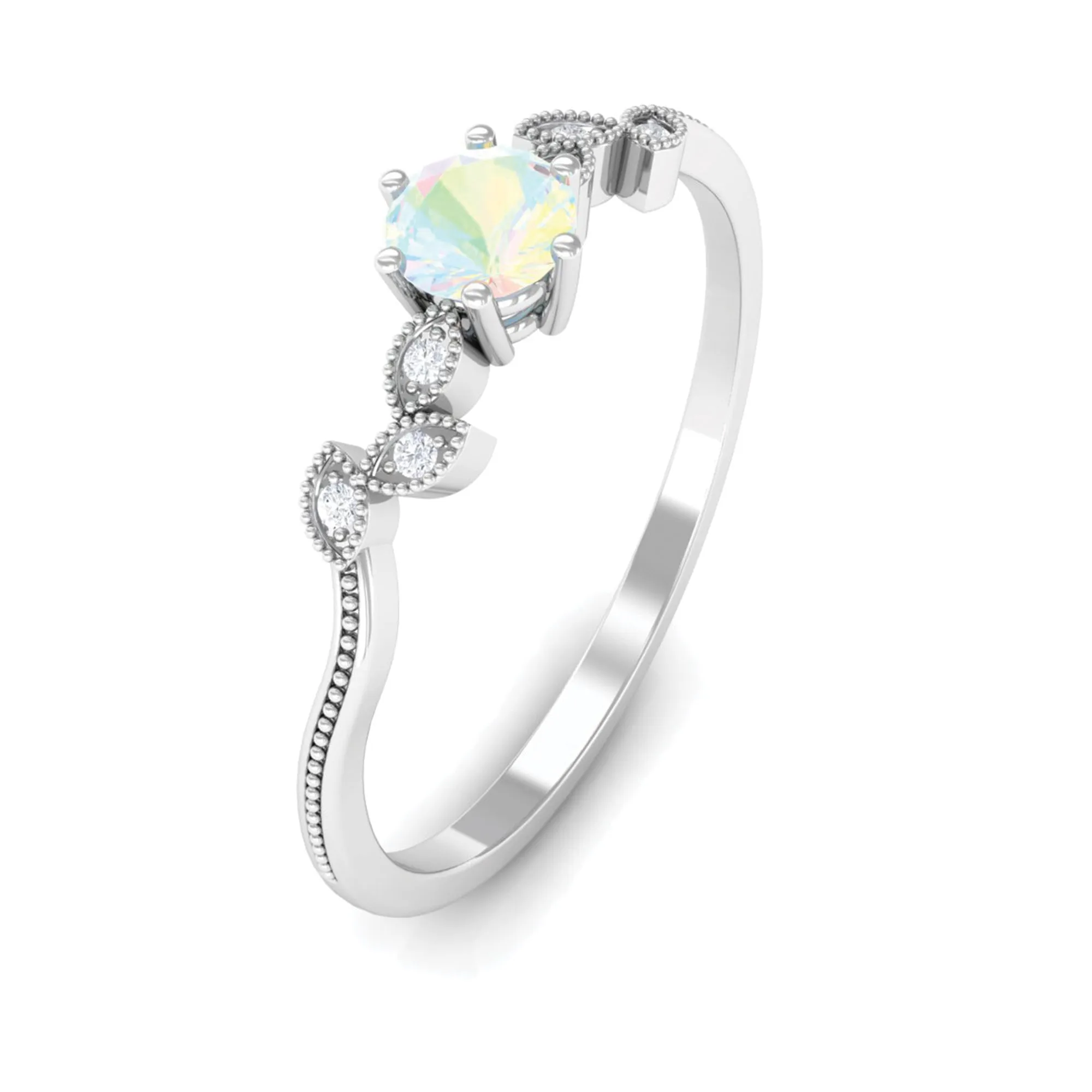 Leaf Inspired Ethiopian Opal Solitaire Promise Ring with Beaded Details