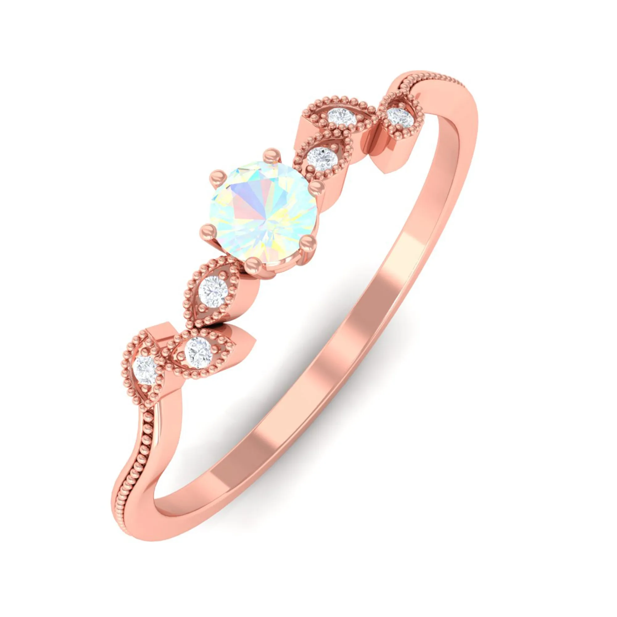 Leaf Inspired Ethiopian Opal Solitaire Promise Ring with Beaded Details