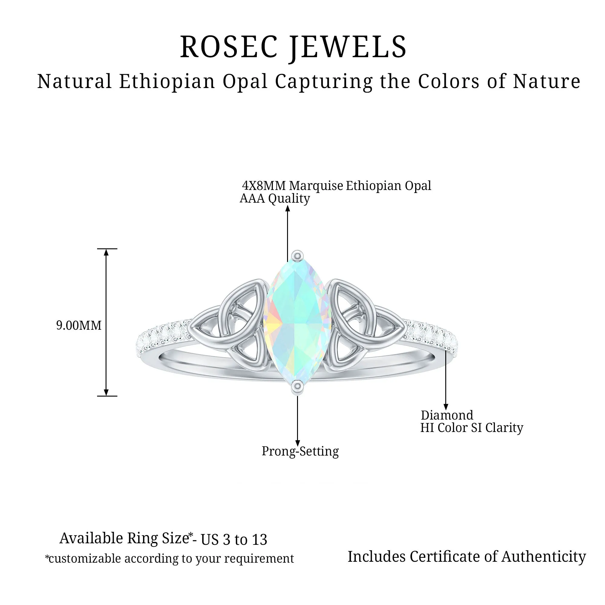 Marquise Cut Solitaire Ethiopian Opal Celtic Knot Ring with Diamond