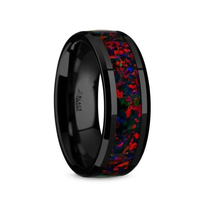 MATRIX Black Ceramic Polished Beveled Edges Men’s Wedding Band with Black Opal Inlay - 8mm