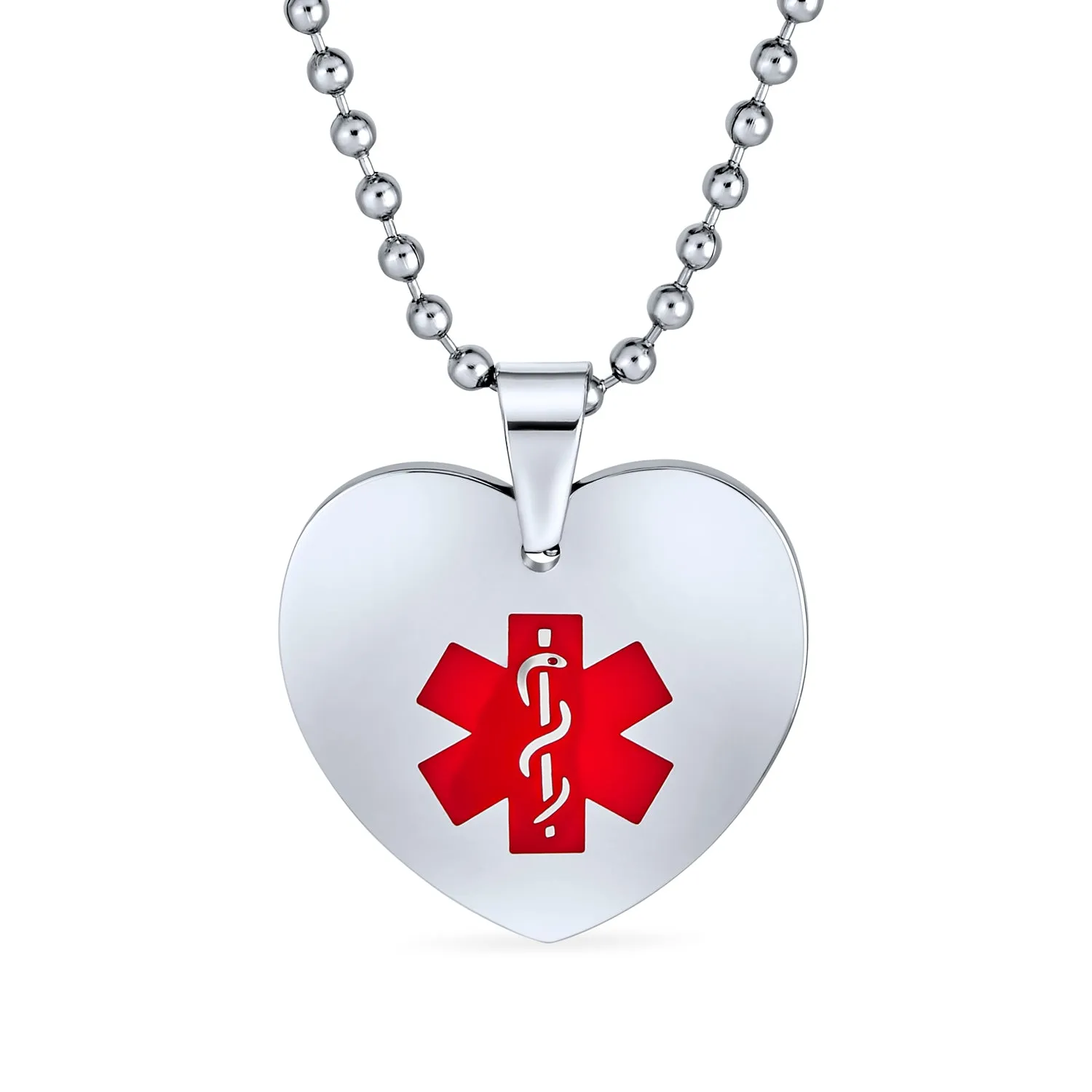 Medical ID Dog Heart Shape Tag Pendant Necklace in Stainless Steel