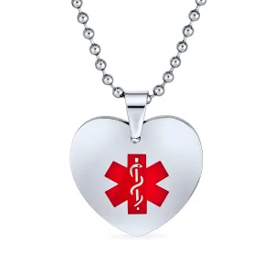 Medical ID Dog Heart Shape Tag Pendant Necklace in Stainless Steel