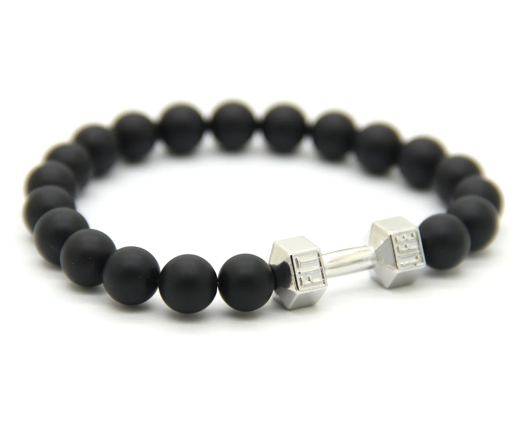 Men Gift New Arrival Alloy Metal Barbell & Black Matte Stone Beads Fashion Dumbbell Bracelets