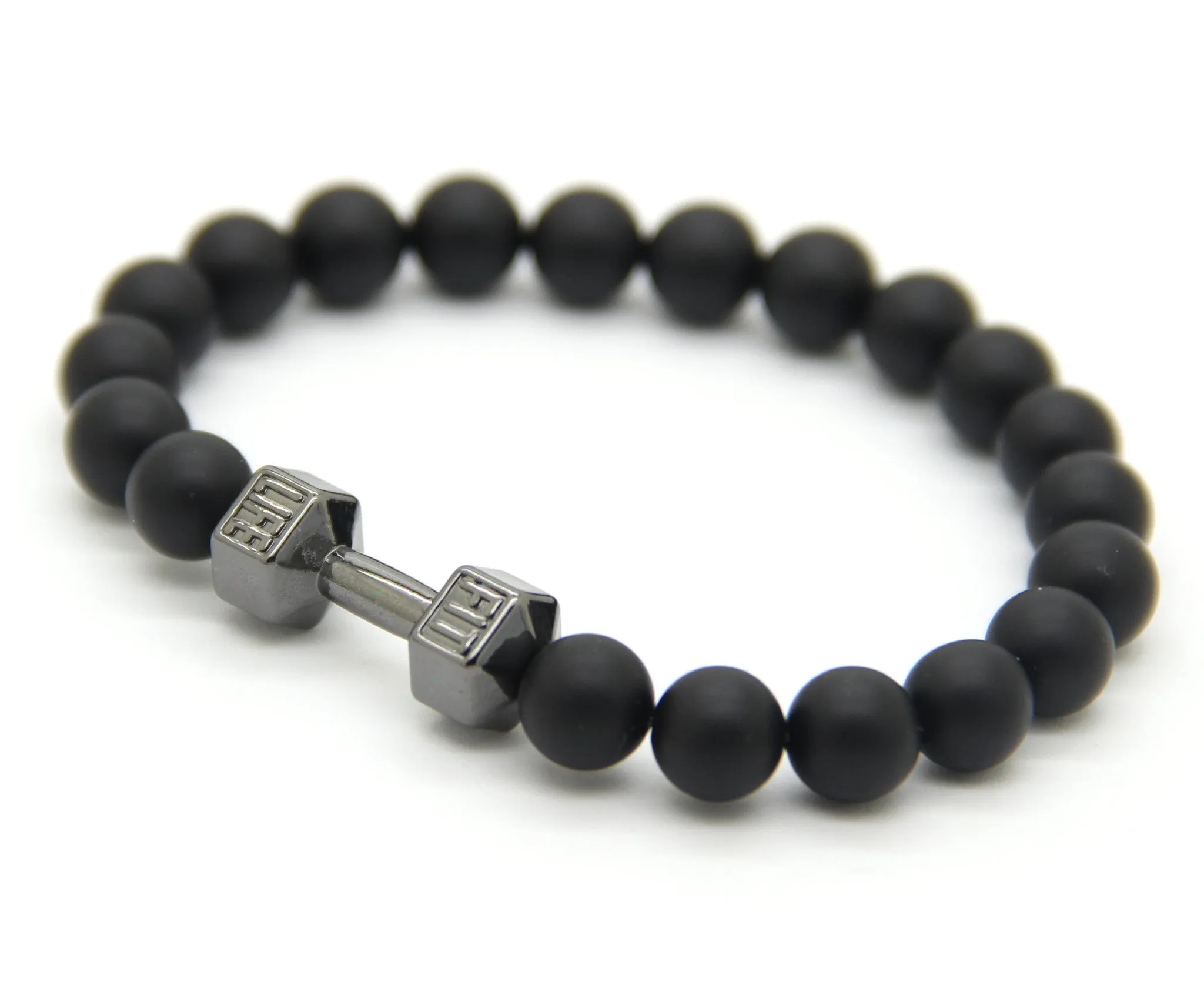 Men Gift New Arrival Alloy Metal Barbell & Black Matte Stone Beads Fashion Dumbbell Bracelets