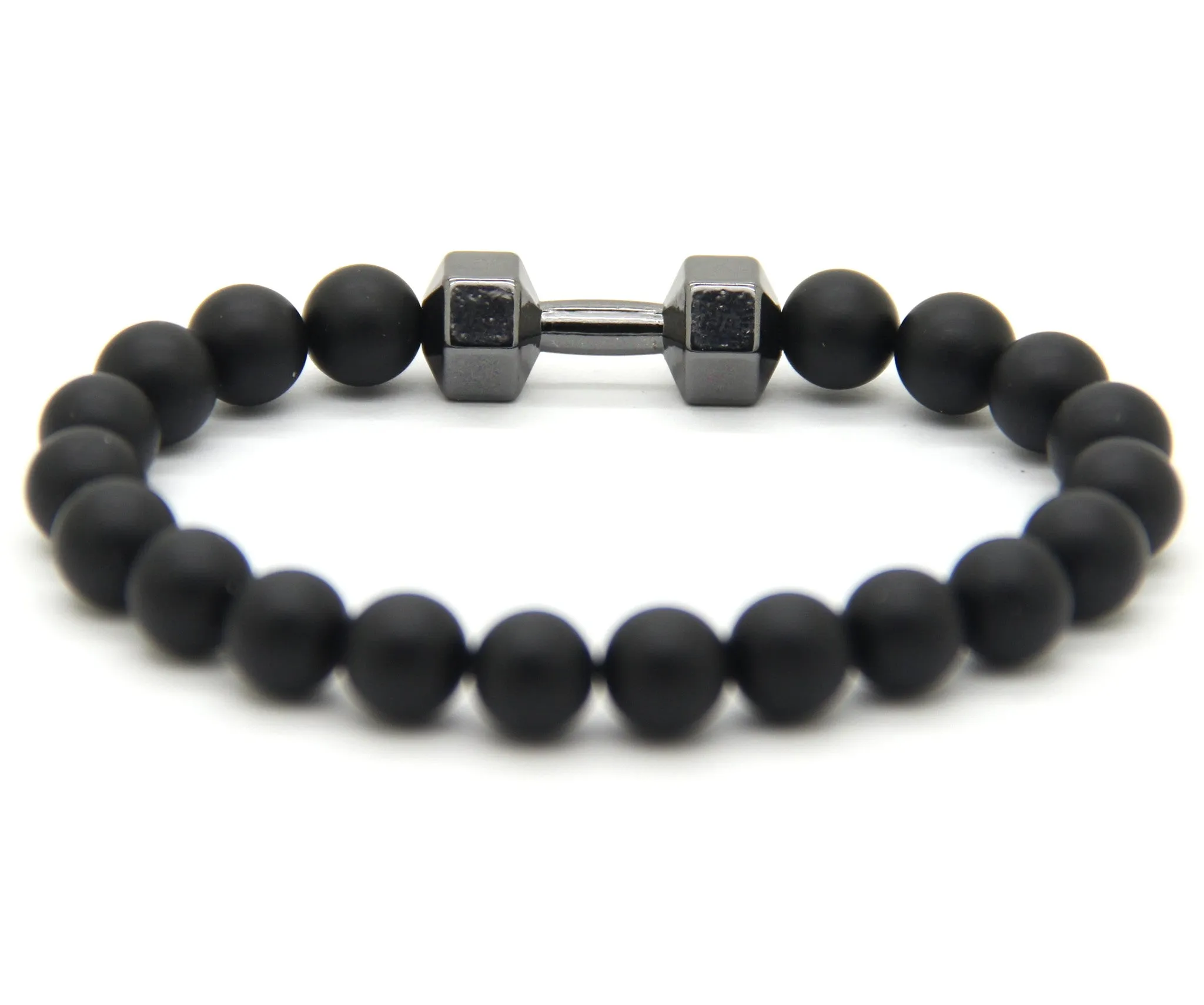 Men Gift New Arrival Alloy Metal Barbell & Black Matte Stone Beads Fashion Dumbbell Bracelets