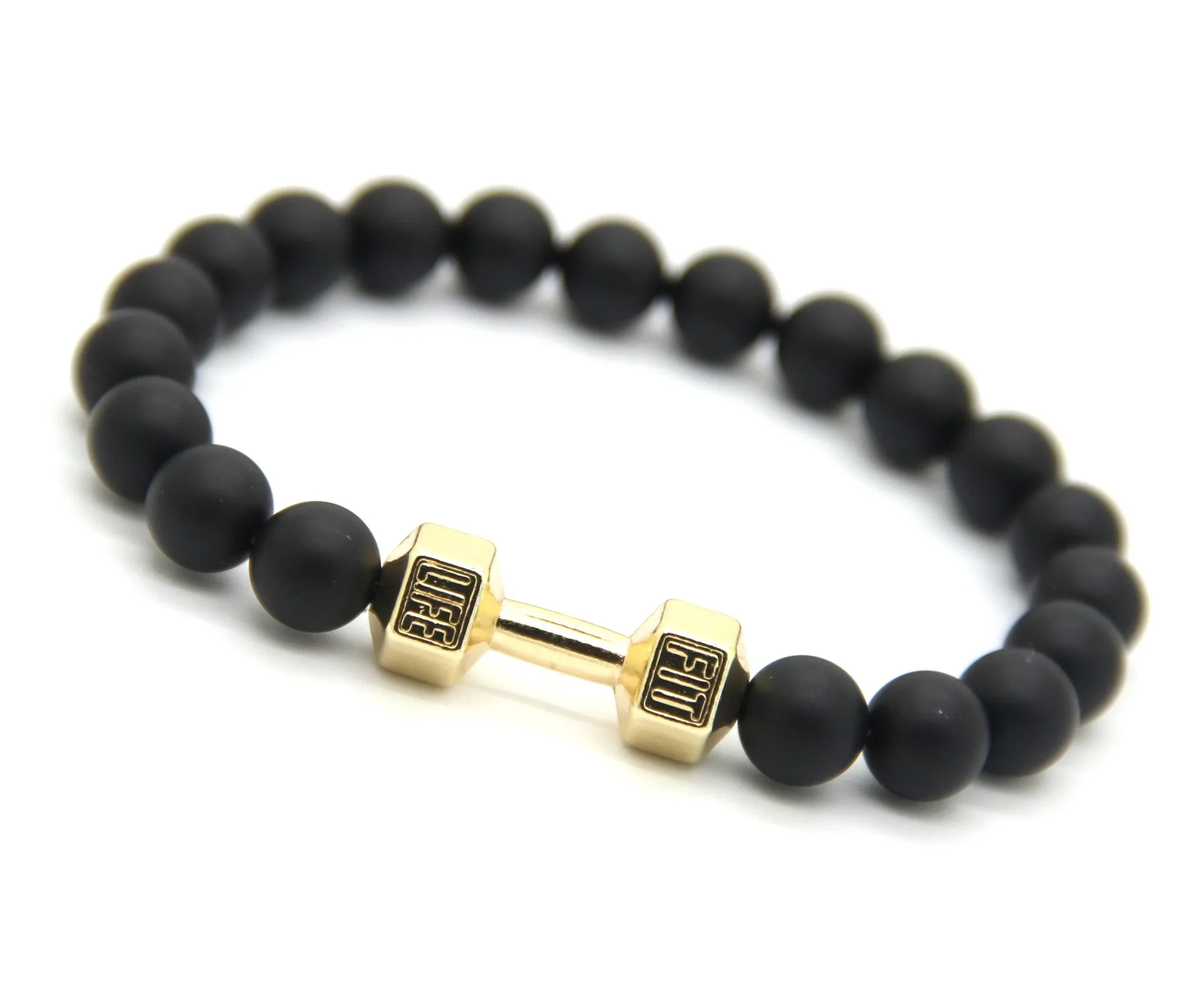 Men Gift New Arrival Alloy Metal Barbell & Black Matte Stone Beads Fashion Dumbbell Bracelets