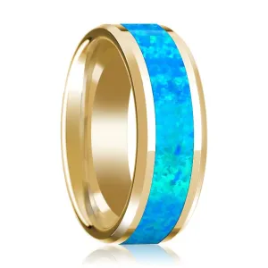 Men's 14k Yellow Gold Polished Wedding Band with Blue Opal Inlay & Beveled Edges - 8MM