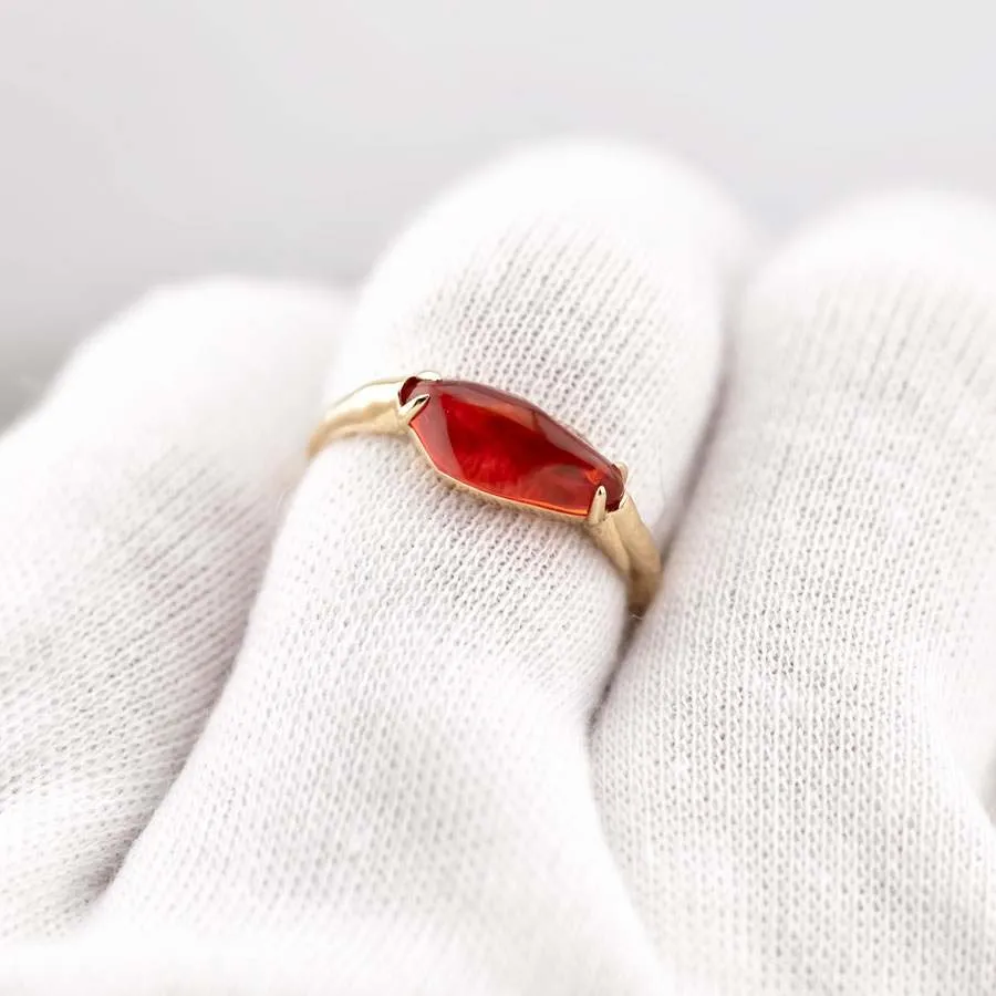 Minimalist Deep Red Fire Opal Engagement Ring 18K Yellow Gold