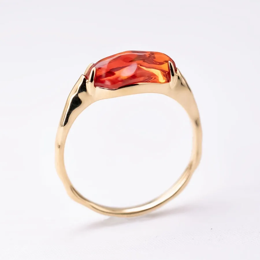 Minimalist Deep Red Fire Opal Engagement Ring 18K Yellow Gold