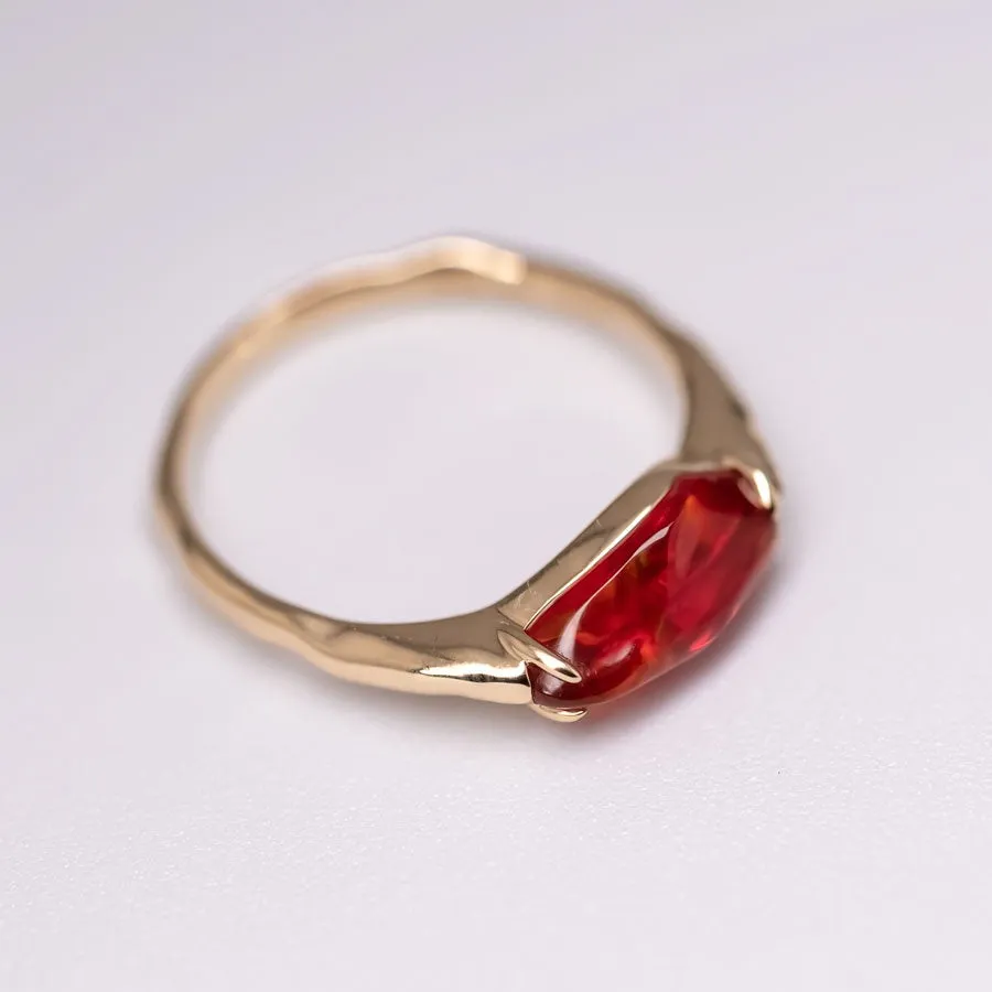 Minimalist Deep Red Fire Opal Engagement Ring 18K Yellow Gold