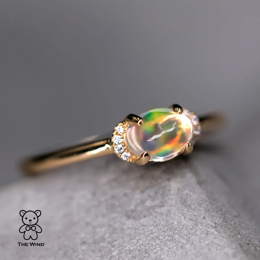 Minimalist Fire Opal & Diamond Engagement Wedding Ring 18k Yellow Gold