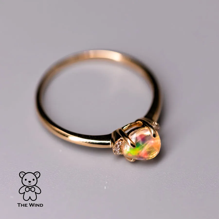 Minimalist Fire Opal & Diamond Engagement Wedding Ring 18k Yellow Gold