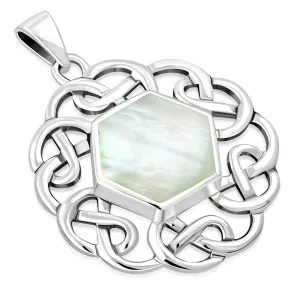 Mother Of Pearl Shell Round Celtic Knot Silver Pendant