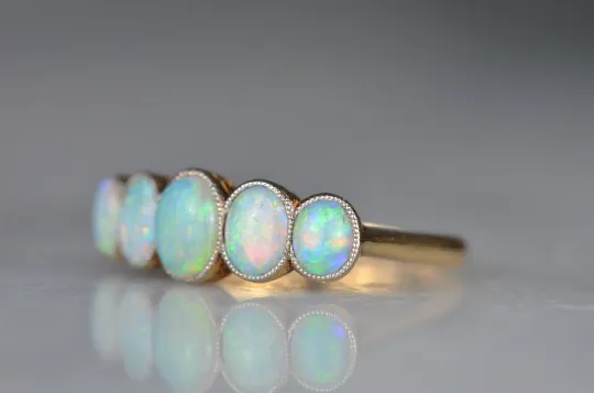 Natural Oval Cut Half Eternity Opal Vintage Engagement Rings - 14k Gold Vermeil Rings