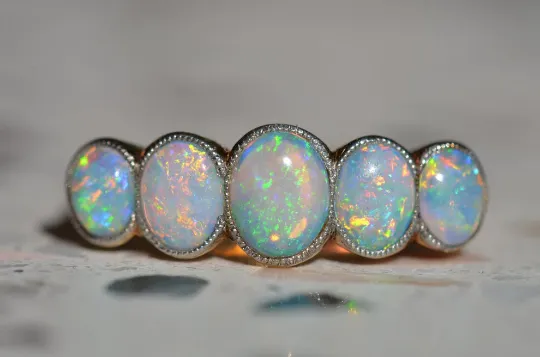 Natural Oval Cut Half Eternity Opal Vintage Engagement Rings - 14k Gold Vermeil Rings