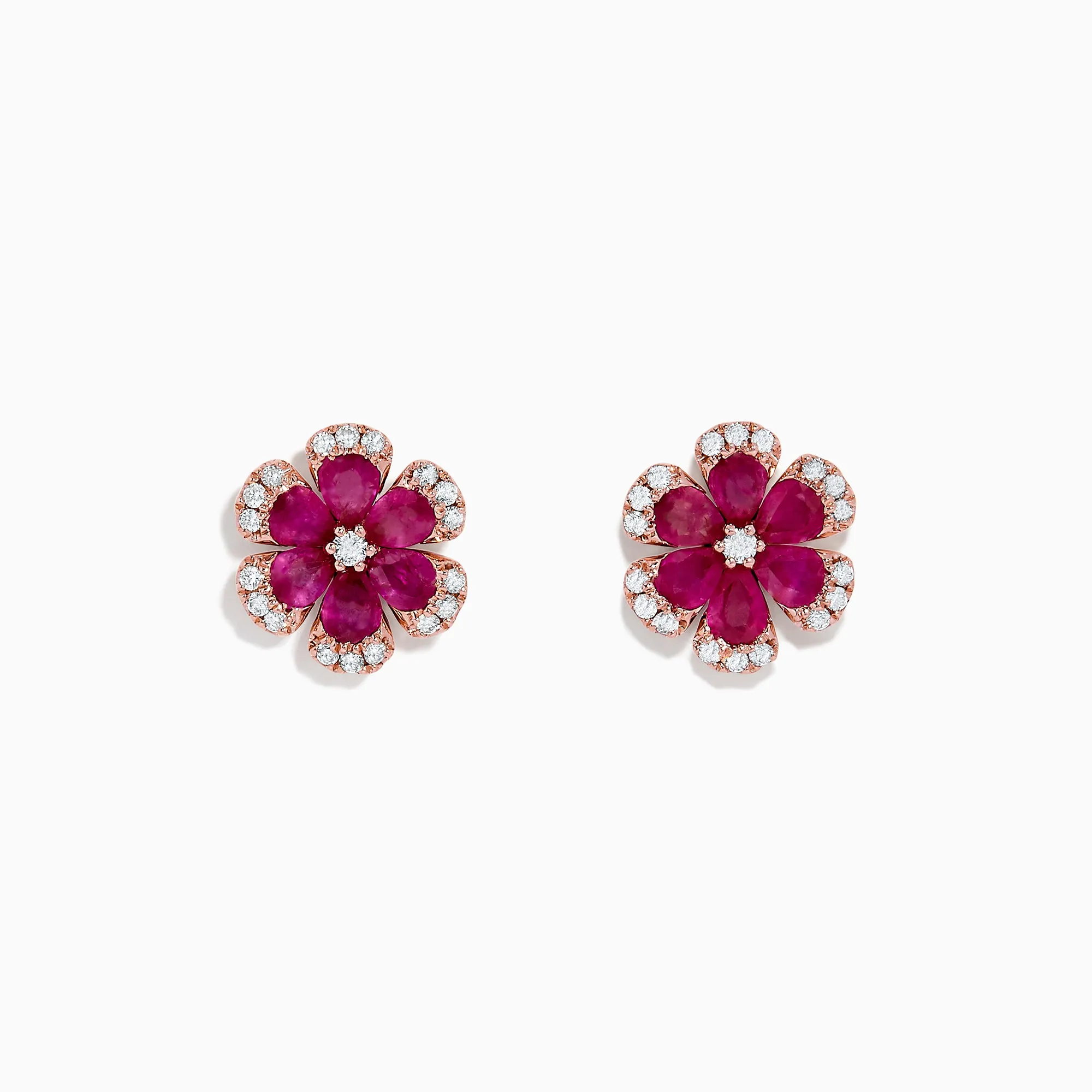 Nature 14K Rose Gold Ruby Flower Stud Earrings, 2.28 TCW