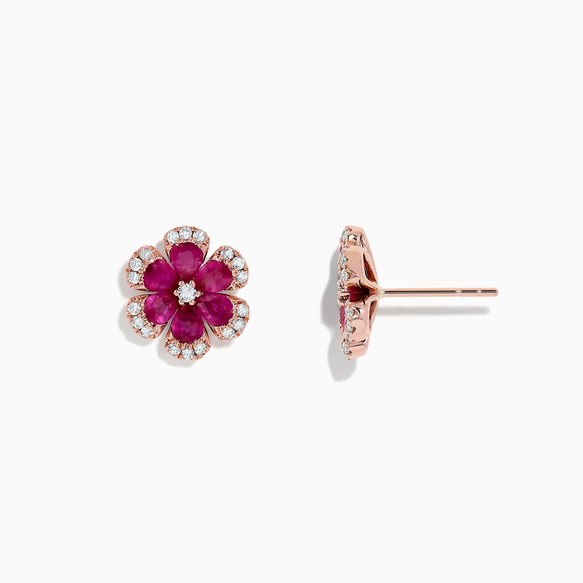 Nature 14K Rose Gold Ruby Flower Stud Earrings, 2.28 TCW