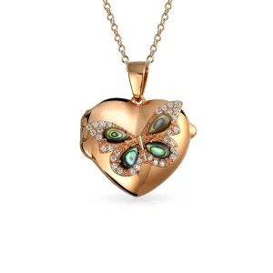 Nature Abalone Shell Butterfly Heart Locket Necklace Rose Gold Sterling Silver