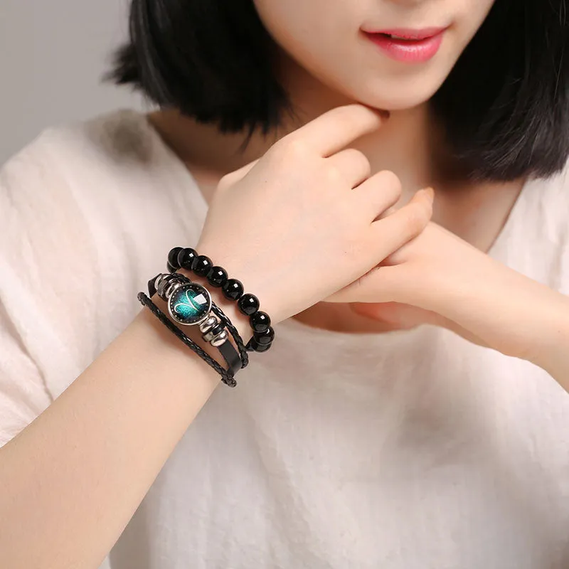 New 12 Constellation Luminous Leather Bracelet