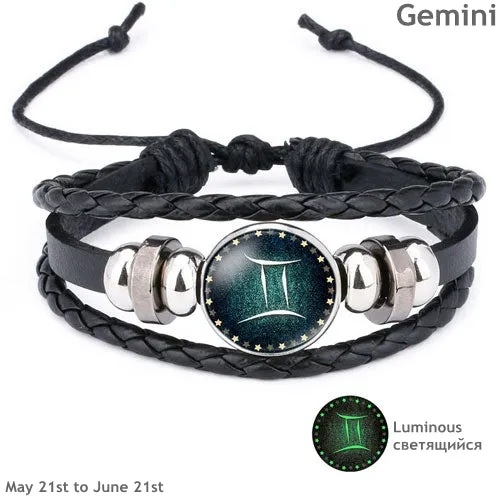 New 12 Constellation Luminous Leather Bracelet