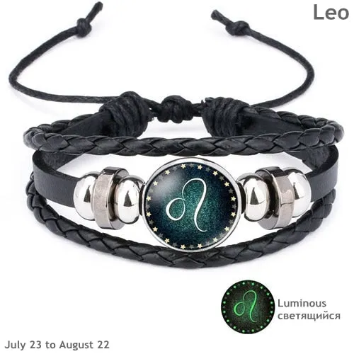 New 12 Constellation Luminous Leather Bracelet