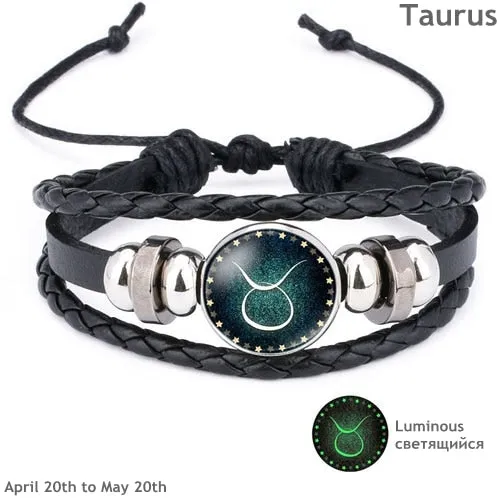 New 12 Constellation Luminous Leather Bracelet