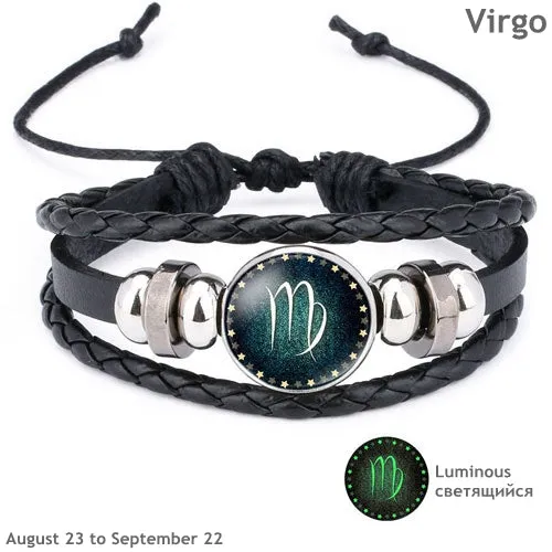 New 12 Constellation Luminous Leather Bracelet