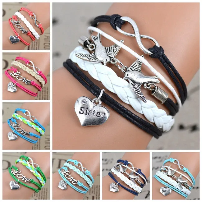 New Fashion Infinity Love Birds Sister Charm Bracelet With Handwoven leather Bracelets for Women Man Valentine's Day Gift